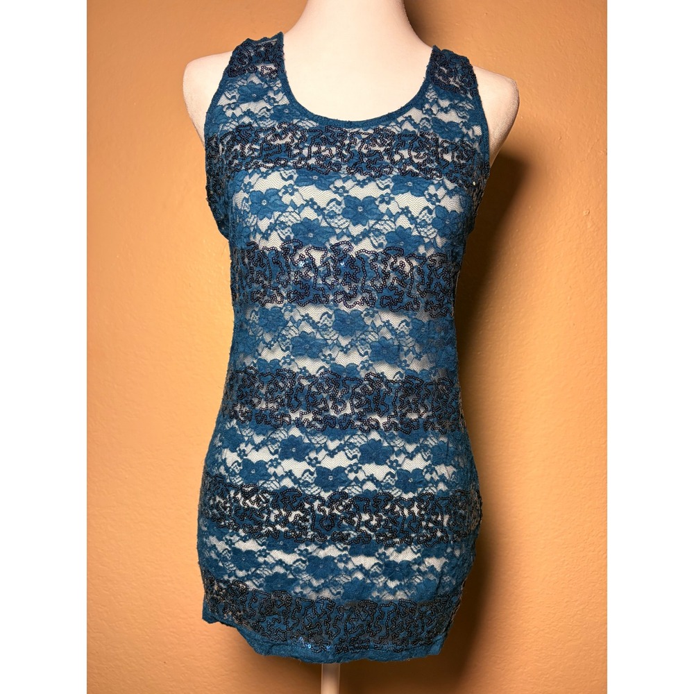Y2K Metaphor Womens Teal Floral Lace Sequin Racerback Tank Top Size M
